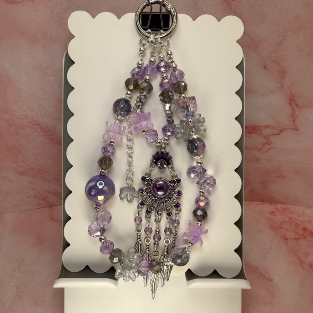 Boho Purple Crystal Beaded Feather Phone Wristlet Charm Keychain Handmade